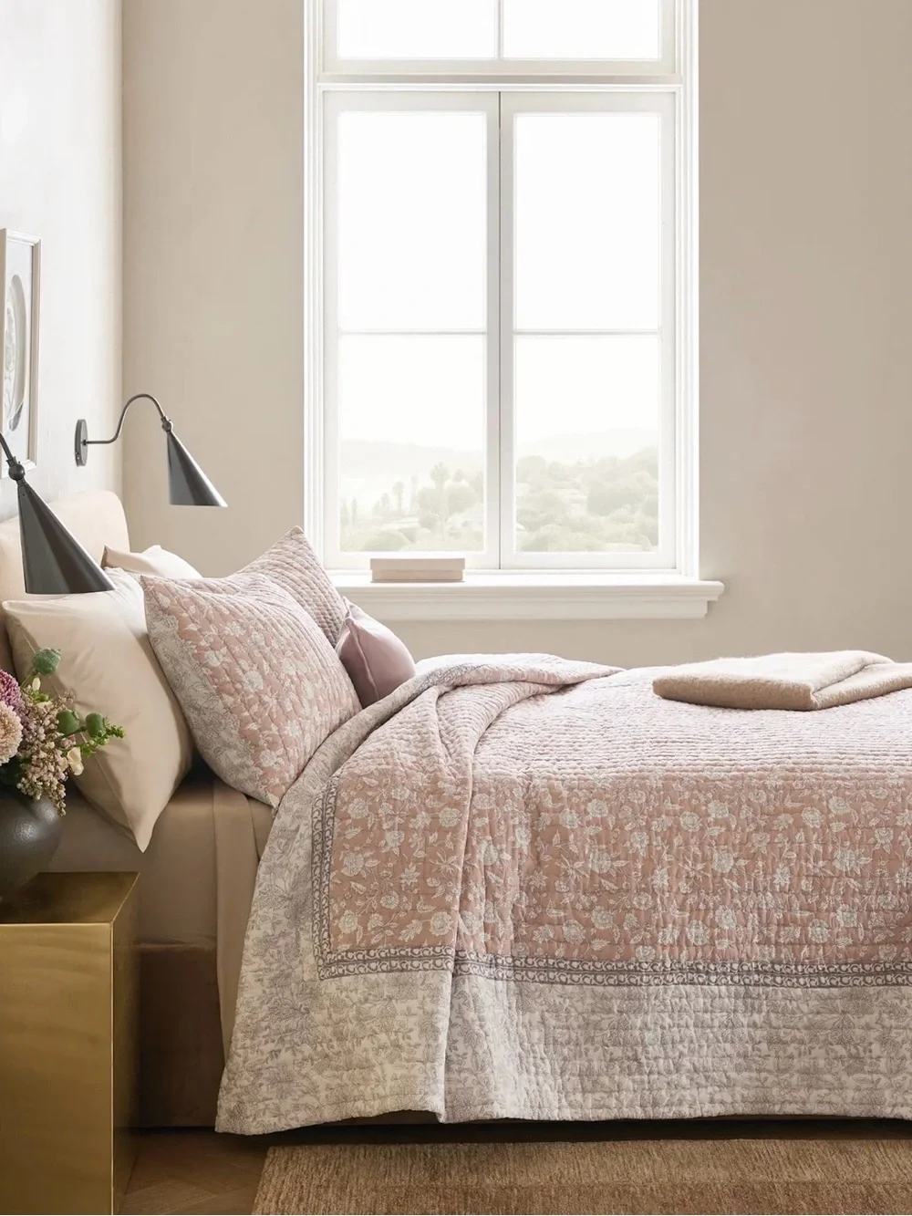 Quince 100% Organic Cotton Block Print Quilt in Rose Full/Queen 1318